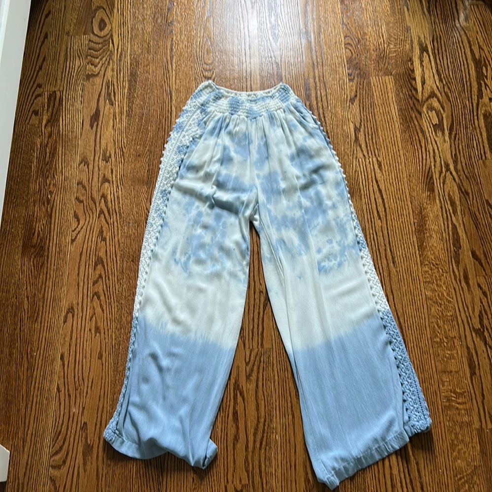 Blue and white tie dyed flowy pants